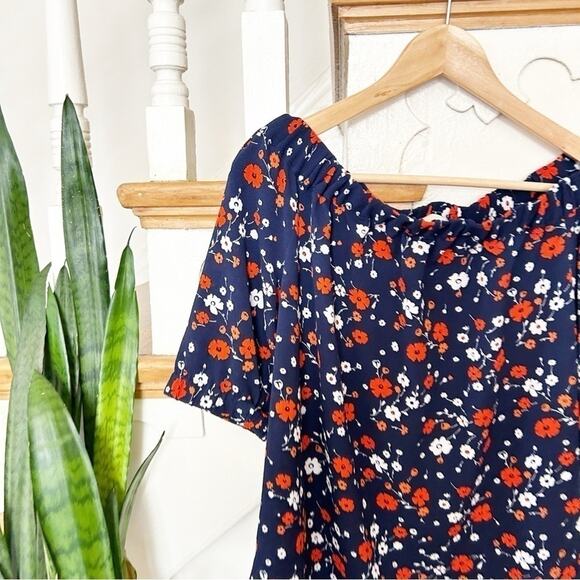 MICHAEL Michael Kors Off the Shoulder Top Blue Red Floral Puff Sleeve Crepe XS - Picture 3 of 6